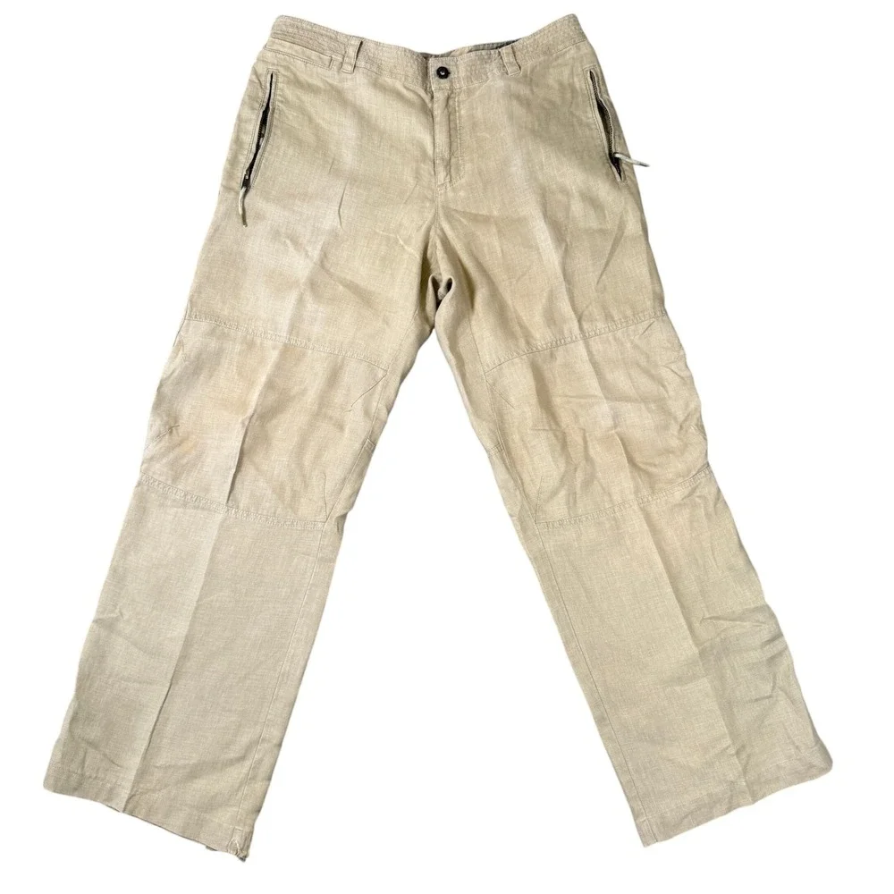 Juicy Couture Mens Camo Linen Pants Tan Green Camouflage Straight Leg 70526